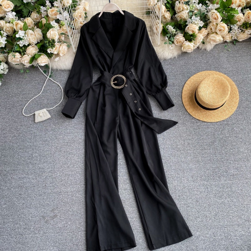 Slim-fit lapel long-sleeved lace-up jumpsuit