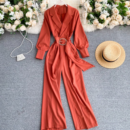 Slim-fit lapel long-sleeved lace-up jumpsuit