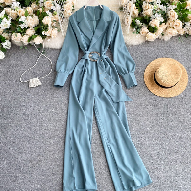 Slim-fit lapel long-sleeved lace-up jumpsuit