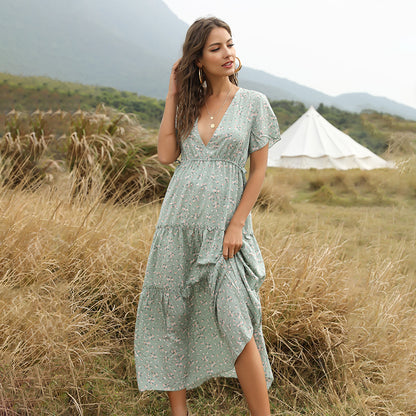 Long Dress Women Summer Boho Sexy Flowers Dress With V-neck