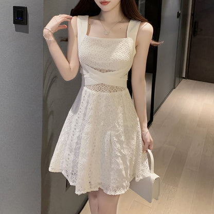 Waist Slimming Lace Lace Hollow Stitching Sexy Beautiful Back Strap Dress