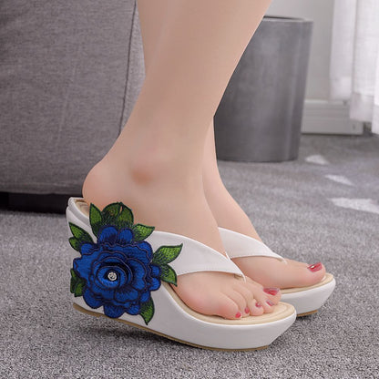 Wedge Heel Sandals Beach Flip Flops Bohemian Flower Sandal