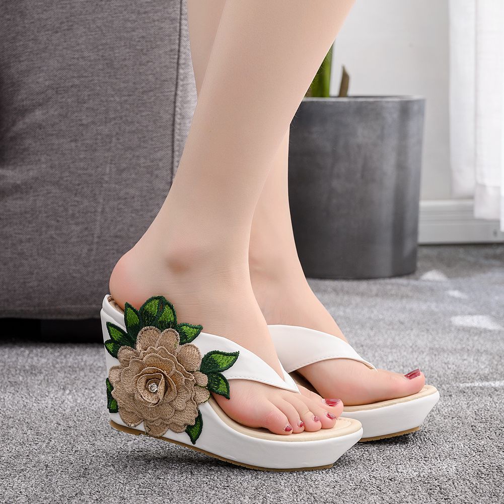 Wedge Heel Sandals Beach Flip Flops Bohemian Flower Sandal