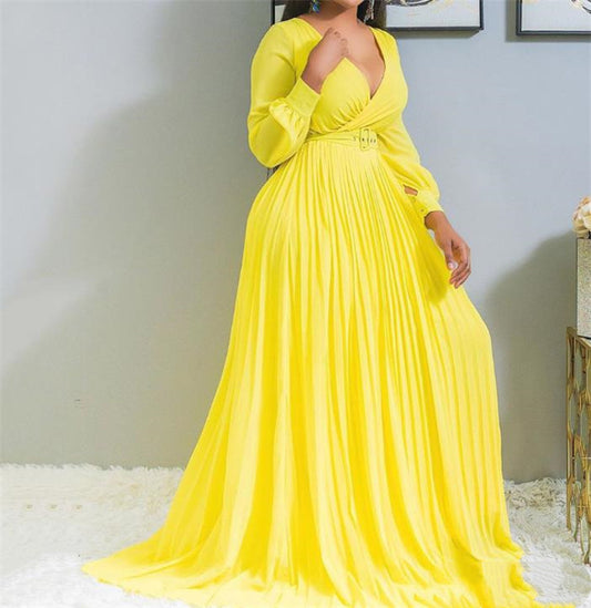 African Fashion Woman V-neck Long-sleeved Long Dress Yellow