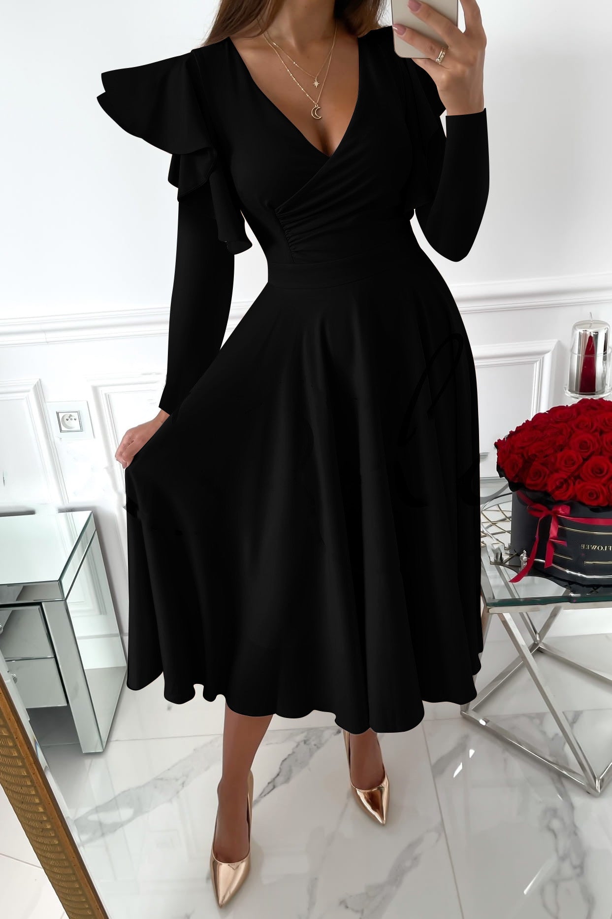 Autumn And Winter Long Sleeved V Neck Ruffled Waist Dress Women's