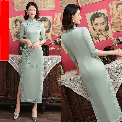 Women's Silk Embroidered Long Cheongsam