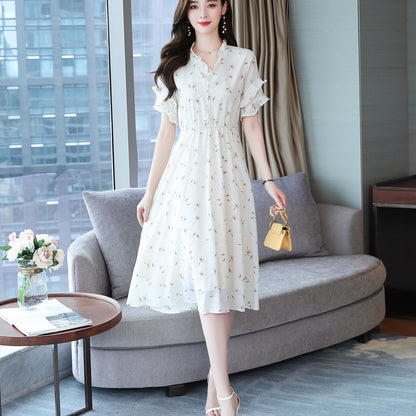 Women's Floral Dress Korean-style Waist Trimming Short-sleeved Chiffon