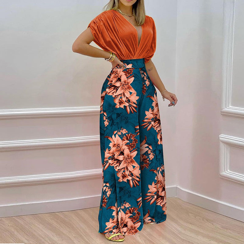 Women's Fashion Casual Temperament V-neck Print Wide Leg Pants