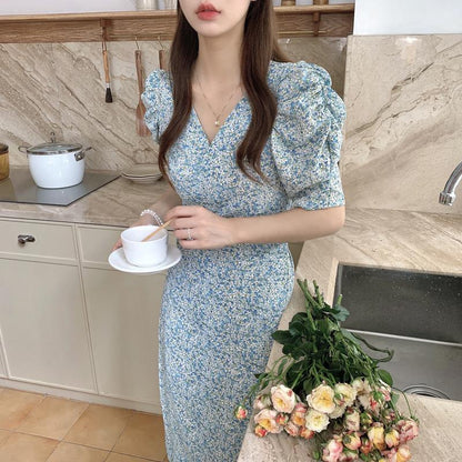 Korean Ins Summer New Retro One-piece Cross V-neck Pleated Chiffon Floral Dress Temperament Short Sleeve Dress