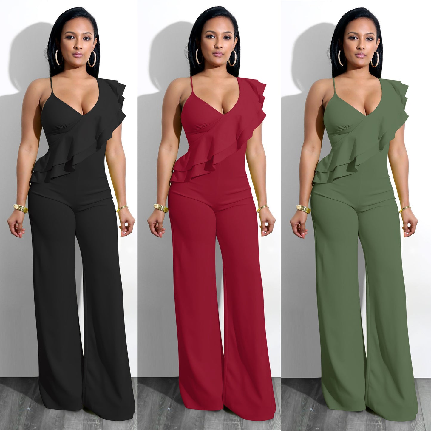 Sexy side shoulder ruffled jumpsuit