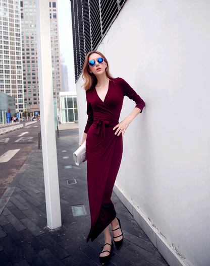 New V-neck Tie Waist Slim Slimming Dress