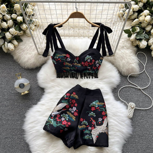 Retro Set Women's Print Lace Short Bust Top High Waist Shorts