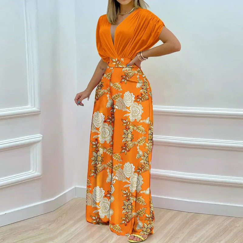 Women's Fashion Casual Temperament V-neck Print Wide Leg Pants