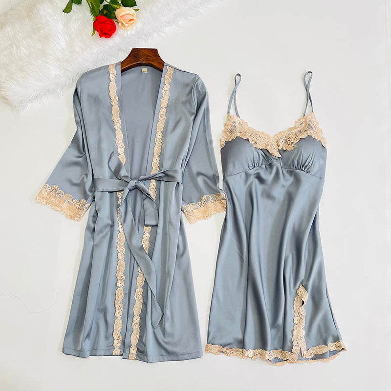 Women's Spring Two Piece Silk Sleeping Dress