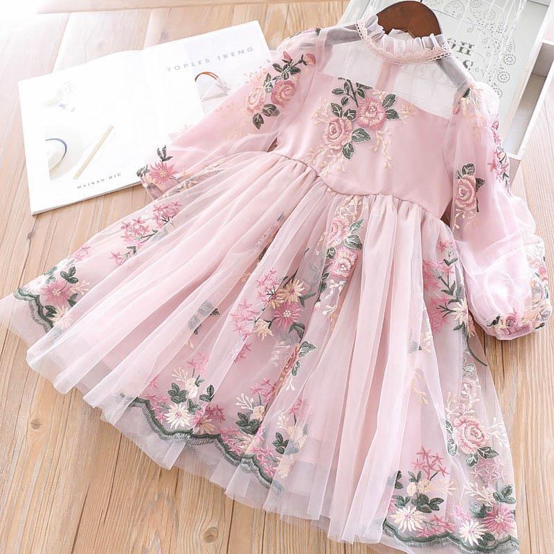 Girl's Long-sleeved Dress Spring And Autumn Lace Flower Embroidery