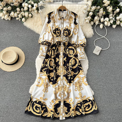 Luxurious Vintage Print Puff Sleeves Tie Waist Thin Swing Dress