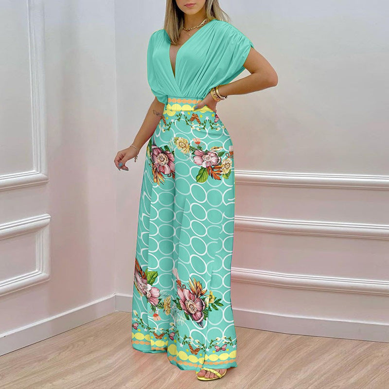 Women's Fashion Casual Temperament V-neck Print Wide Leg Pants