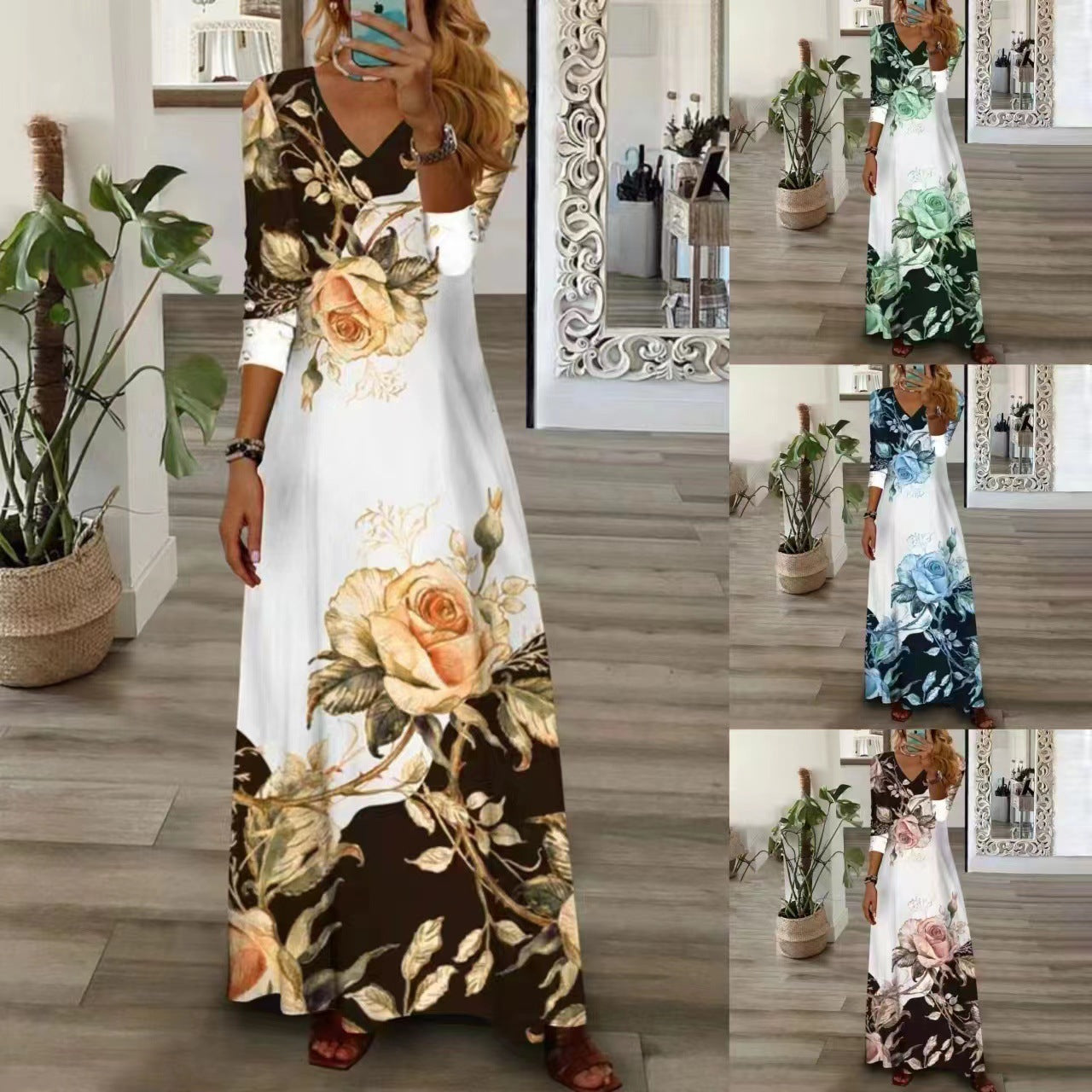 Printed V Neck Long Sleeve Fashion Dress