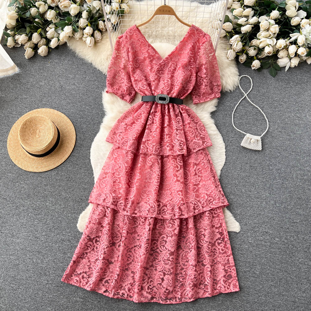 V Neck Dress With Lace Up Waist For Women