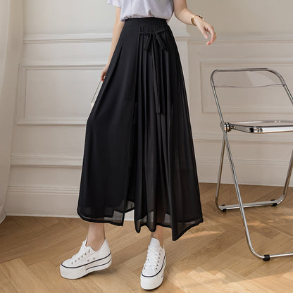 Pleated Chiffon Cropped Elastic Waist Casual Pants Pantskirt