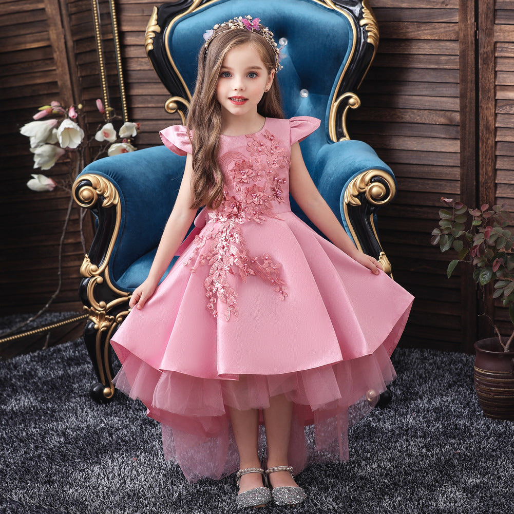 Princess Dress Short-sleeved Embroidery Tail Piano Performance Costume Wedding Flower Girl Skirt Dress