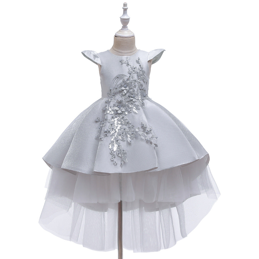 Princess Dress Short-sleeved Embroidery Tail Piano Performance Costume Wedding Flower Girl Skirt Dress