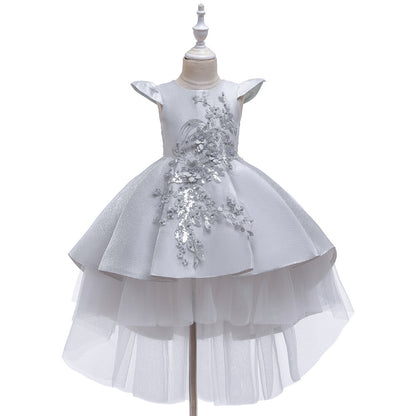 Princess Dress Short-sleeved Embroidery Tail Piano Performance Costume Wedding Flower Girl Skirt Dress