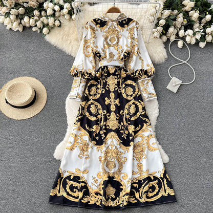 Luxurious Vintage Print Puff Sleeves Tie Waist Thin Swing Dress