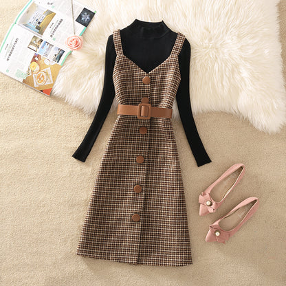 Women's Temperament Retro Plaid Dress Two Piece