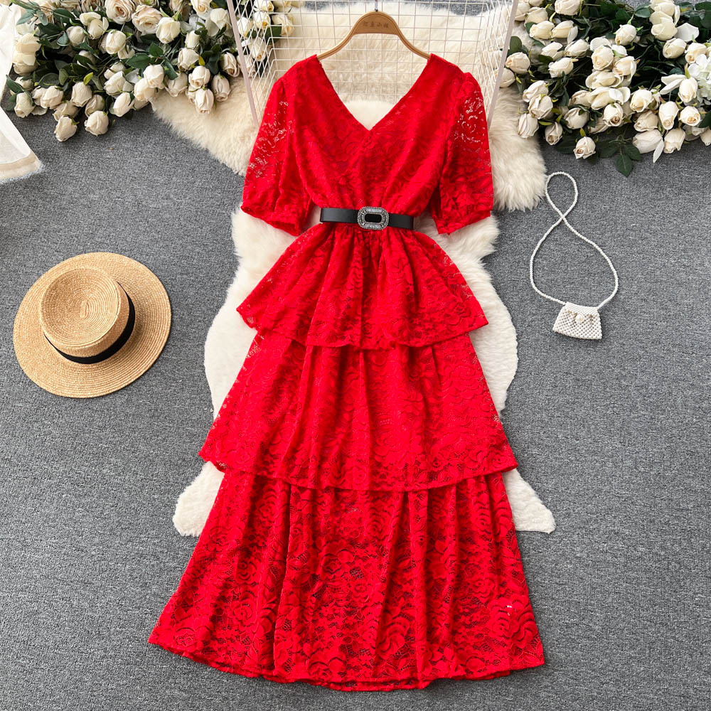 V Neck Dress With Lace Up Waist For Women