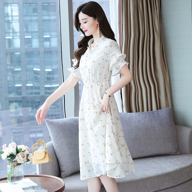 Women's Floral Dress Korean-style Waist Trimming Short-sleeved Chiffon