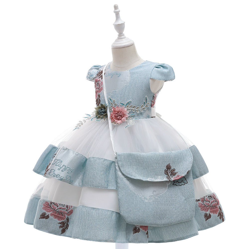 Autumn and winter dress blue embroidery bow