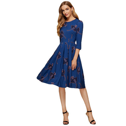 Women's Floral Pleated Round Neck Dress