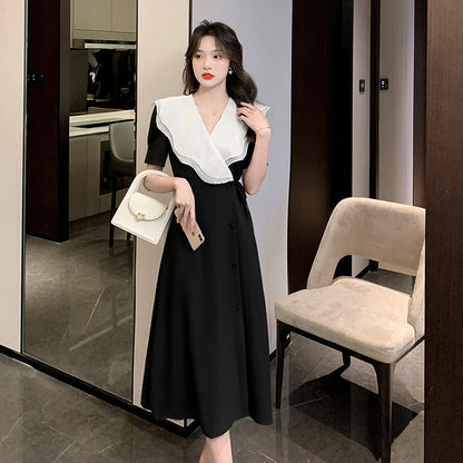 Summer New Style High Sense Temperament Waist-controlled Slimming Fairy Lady Skirt Long Lapel French Retro Dress For Women