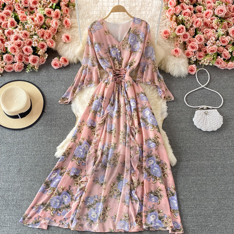 Women's Fashionable V-neck Floral Chiffon Dress