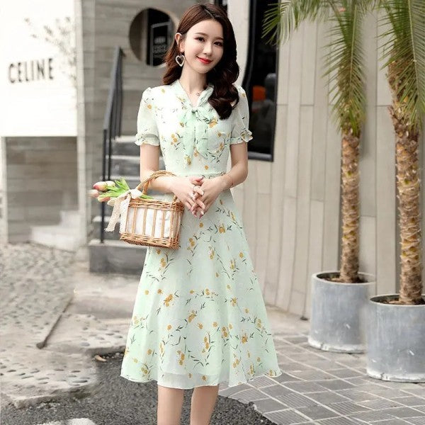 Thai Style Fashionable Printed Short Sleeve V-neck Elegant Dress Cinched Plus Size A- Line Skirt