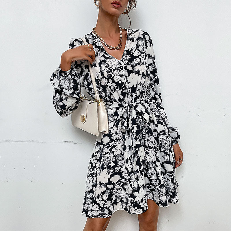 V-neck Long-sleeved Printed Dress For Women