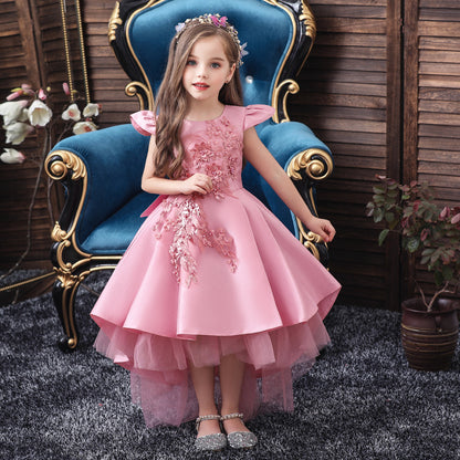 Princess Dress Short-sleeved Embroidery Tail Piano Performance Costume Wedding Flower Girl Skirt Dress