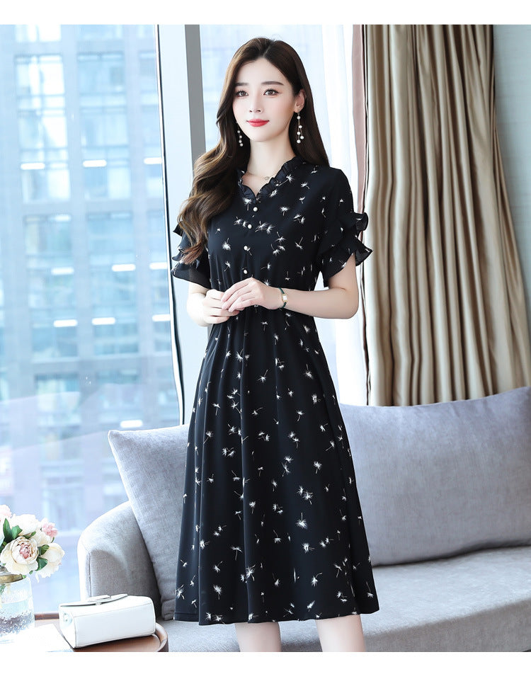 Women's Floral Dress Korean-style Waist Trimming Short-sleeved Chiffon