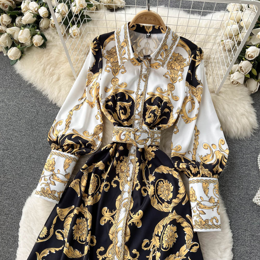 Luxurious Vintage Print Puff Sleeves Tie Waist Thin Swing Dress