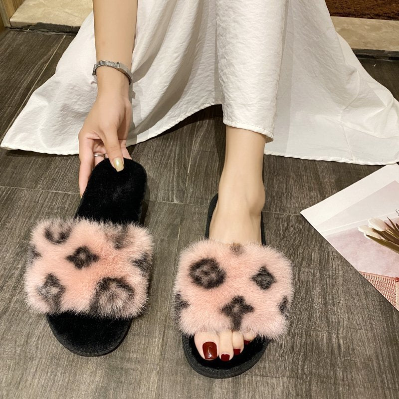 PVC word leopard wool slippers women