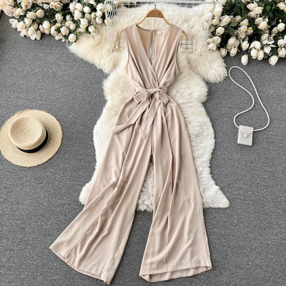 Fashionable Ladies Temperament V-neck Sleeveless Jumpsuit With Waist