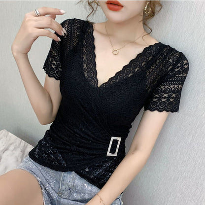 V-neck Lace Bottoming Women's New Trendy Short-sleeved Blouse