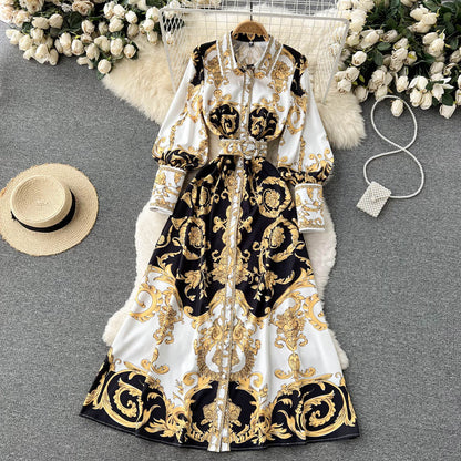 Luxurious Vintage Print Puff Sleeves Tie Waist Thin Swing Dress