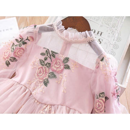 Girl's Long-sleeved Dress Spring And Autumn Lace Flower Embroidery