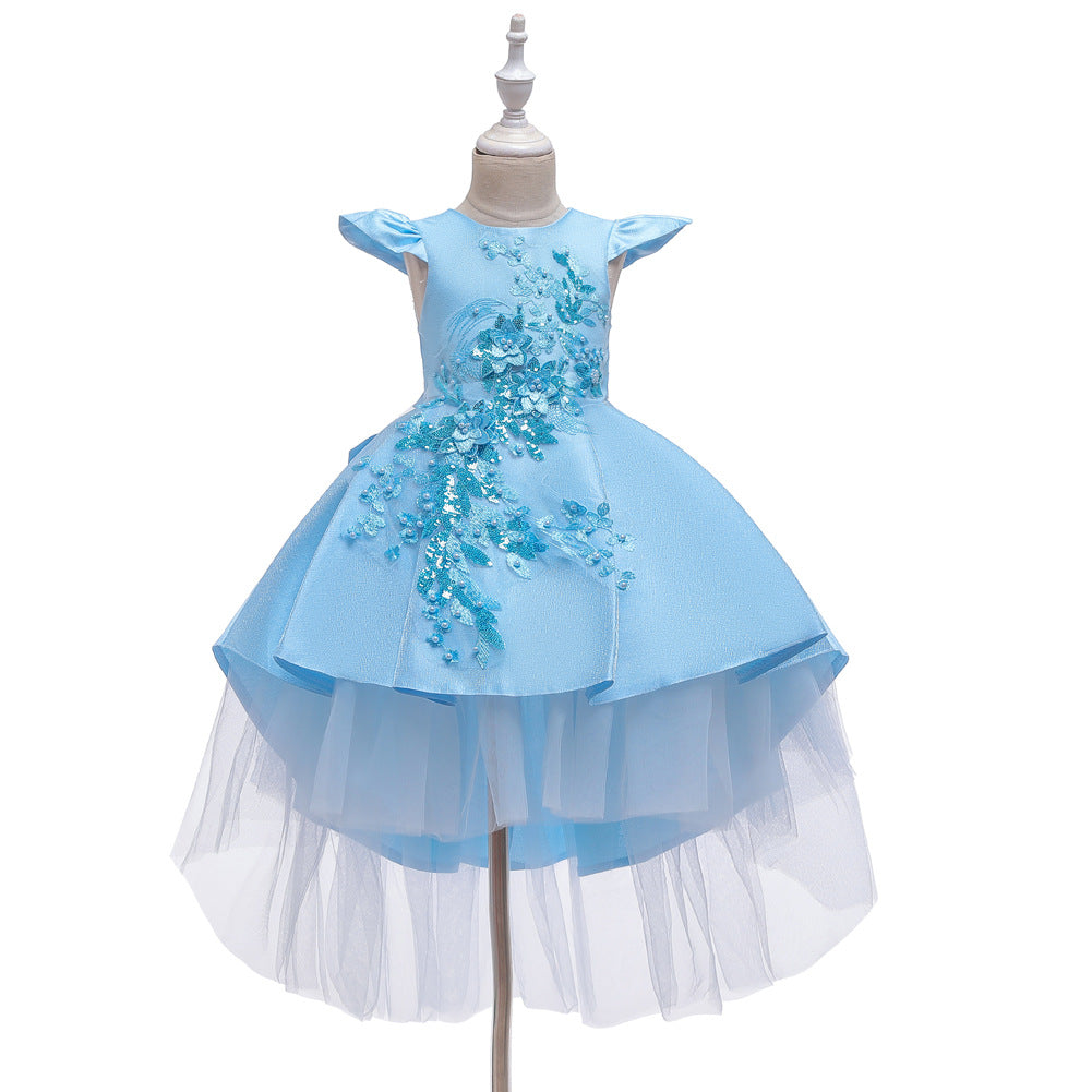 Princess Dress Short-sleeved Embroidery Tail Piano Performance Costume Wedding Flower Girl Skirt Dress