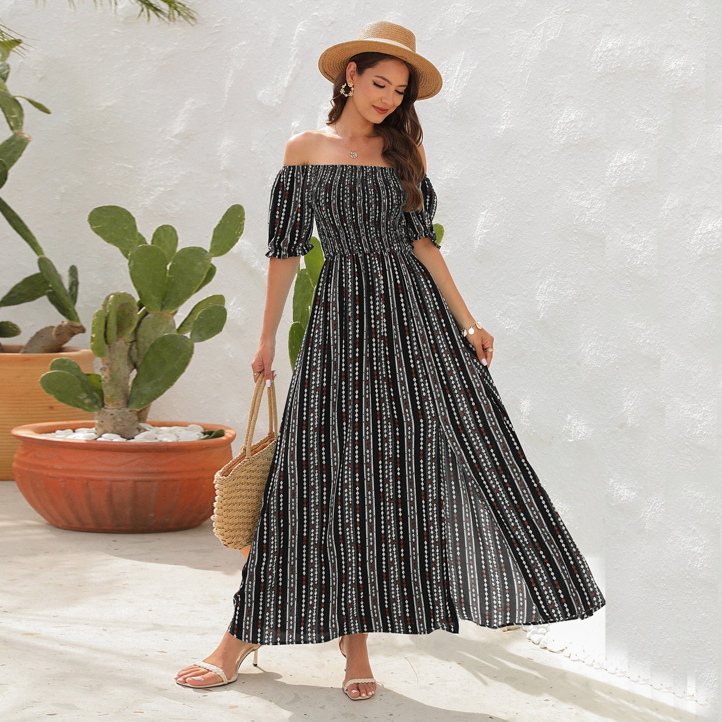 Spring And Summer New Vertical Stripes Floral Print Slit Waist Dress