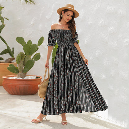 Spring And Summer New Vertical Stripes Floral Print Slit Waist Dress