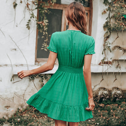 Women's Green V-Neck Low Cut Bow Short Sleeve Dress