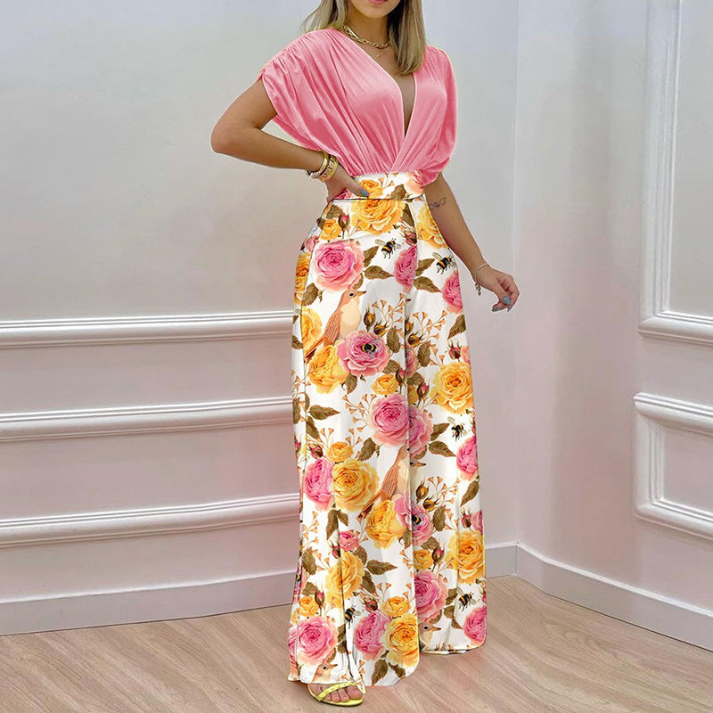 Women's Fashion Casual Temperament V-neck Print Wide Leg Pants